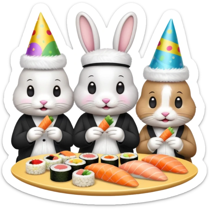 four bunnies together eating sushi at a birthday party, festive, colorful, party hats, birthday decorations, different arrangement, emoji style sticker