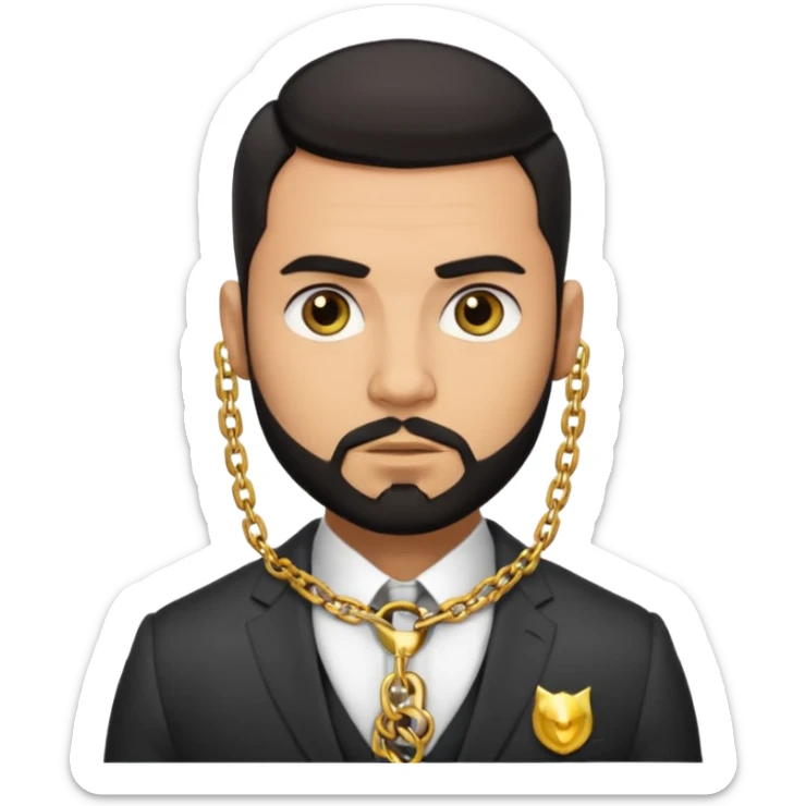 green eyes, dark short hair, muscular shoulders, big lips big nose big eyes, masculine good looking, dark beard wearing a suit . buttons of the shirt open. and olive skin tone  sticker