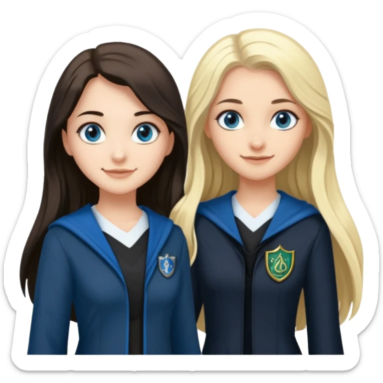 a pretty ravenclaw girl with long dark brown hair and blue eyes standing with a hot Slytherin girl with long blonde hair, blue eyes and big boobs  sticker