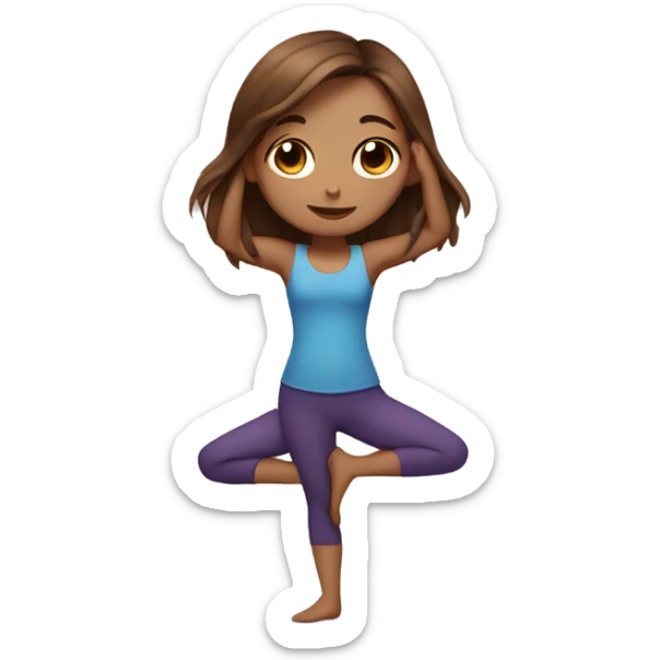 A girl with brown long hair and fair skin is standing in a yoga pose sticker
