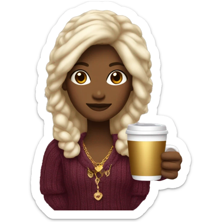 “Design a cozy and rich girl emoji with elegant hair, wearing a plush sweater in a deep, luxurious color. Add gold jewelry and a cup of coffee or tea for a touch of warmth and sophistication.” sticker