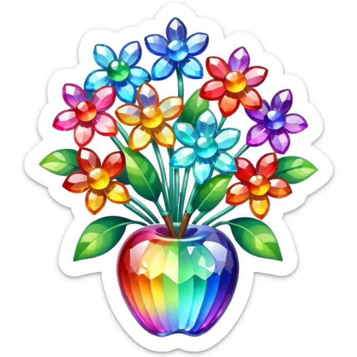 a bouquet of crystal flowers shimmering with rainbow colors, Apple emoji style sticker