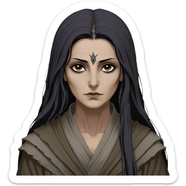 Mirri Maz Duur is a weathered, middle-aged Lhazareen woman with deep-set dark eyes, high cheekbones, and a sharp nose, giving her a stern, knowing expression. Her long, unkempt dark hair streaked with gray falls loosely over her shoulders, and her earth-toned, tattered robes mark her as a humble healer. Despite her frail appearance, she exudes an aura of mystery and menace, her hands stained with herbs and blood from both healing and dark sorcery. sticker