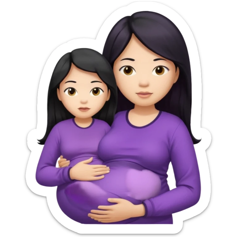 Asian, pregnant woman, purple shirt, long hair, head and eck and abdomen only sticker