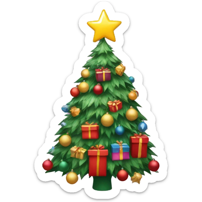 A decorated Christmas tree with presents below it sticker