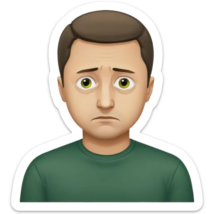 Photorealistic Vladimir Zelensky, sad. dark green shirt sticker