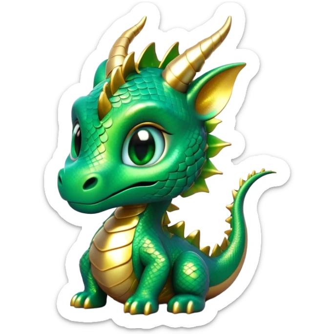 Cinematic Cute Dragon Portrait Emoji, Head tilted playfully and inquisitively, featuring a sleek, serpentine form adorned with iridescent scales that shift between emerald and gold, a delicate set of subtle horns, and round, sparkling eyes full of curious magic; rendered with realistic detail and warm natural light, high shine, affectionate and enchanting, styled with a touch of whimsical fantasy, soft glowing outline, capturing the essence of a mischievous yet lovable dragon that seems poised to slither playfully into your arms! sticker