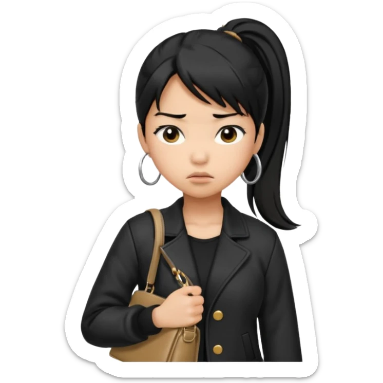 A girl with a pony tail black hair and Asian tan skin, Asian eyes, with a black jacket and a black purse, with an annoyed and confused expression on her face  sticker