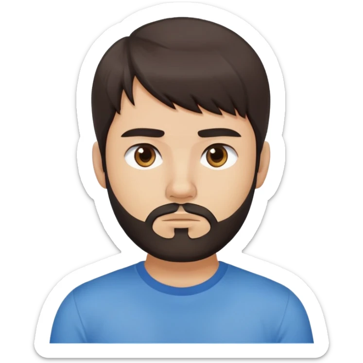 Argentine male with longer straight dark brown hair reaching shoulders, bangs, short complete beard, serious neutral face, wearing plain blue t-shirt sticker
