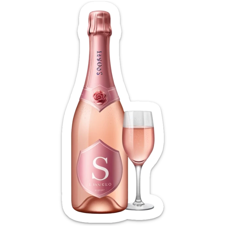 bottle of sparkling rosé with a rose logo on the label, angled to the left, no glass sticker
