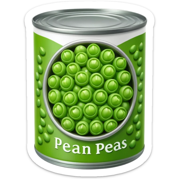 open can of green peas metal simple label with pea image top off showing glossy tender green peas inside moist and brined no extras apple emoji style soft lighting transparent background emoji scale sticker