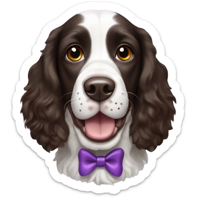 English springer spaniel dog that is happy with blackish browning ears and a white face with  a purple bow sticker
