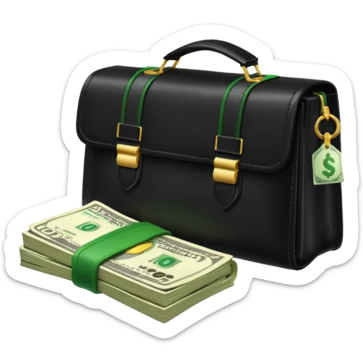 Create a black leather bag with a stack of cash a lot of money in authentic Apple emoji style. sticker