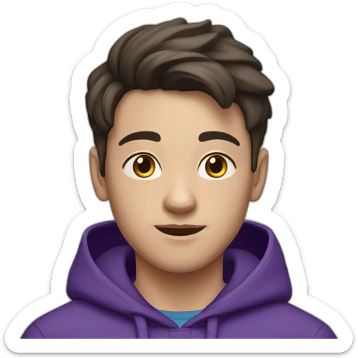 13 year old white boy fron The Netherlands with dark hair wearing jogging pants and a purple hoodie sticker