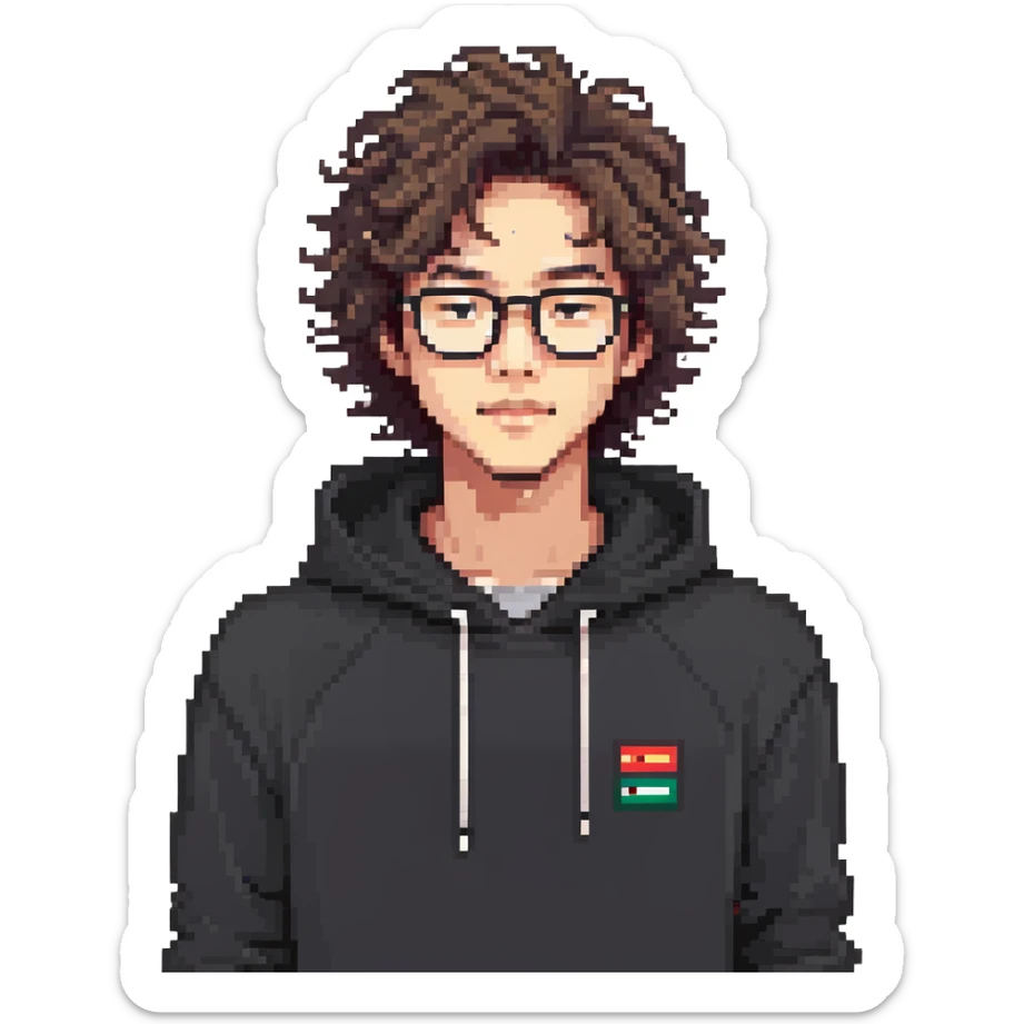Malay teenager with fluffy hair, long face, light mustache, glasses, and a black hoodie sticker