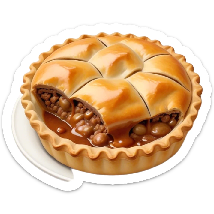 Cinematic Realistic Meat Pie Dish Emoji, showcasing a flaky pastry filled with rich, hearty meat gravy, rendered with lifelike detail and warm, inviting lighting. sticker