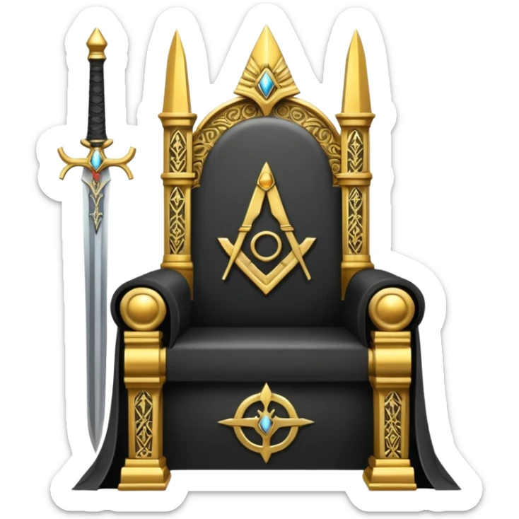 wide big iron black sword throne with ornate gold and prominent Illuminati symbol sticker