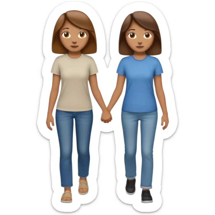 based on emoji style, two people walking together. one is brown-haired woman, wearing a shirt,  Another one is a non-binary person, wearing t shirt and jeans, and the second person doesn't have anything on their hands. They are not holding hands sticker