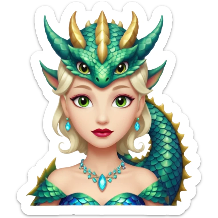 Am amazing blend of a half dragon woman with glittering jeweled scales covering her body. She has large almond shaped eyes, lush lips, and she wears a stunning luminescent gown. sticker
