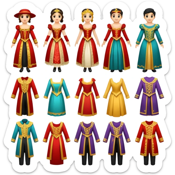 create a series of images for Theatre costumes Inventory showing a variety of costume styles without a person sticker
