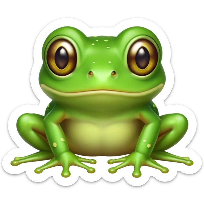 Cinematic Cute Green Tree Frog Portrait Emoji, Head tilted playfully and inquisitively, featuring a charmingly compact form with vivid green, slightly textured skin, prominent sticky toe pads, and round, sparkling eyes full of playful wonder, Simplified yet irresistibly adorable features, highly detailed, glowing with a warm, inviting jungle glow, high shine, affectionate and lively, stylized with a touch of tropical whimsy, soft glowing outline, capturing the essence of a mischievous yet loving frog that seems as if it could hop out of the screen into your arms! sticker