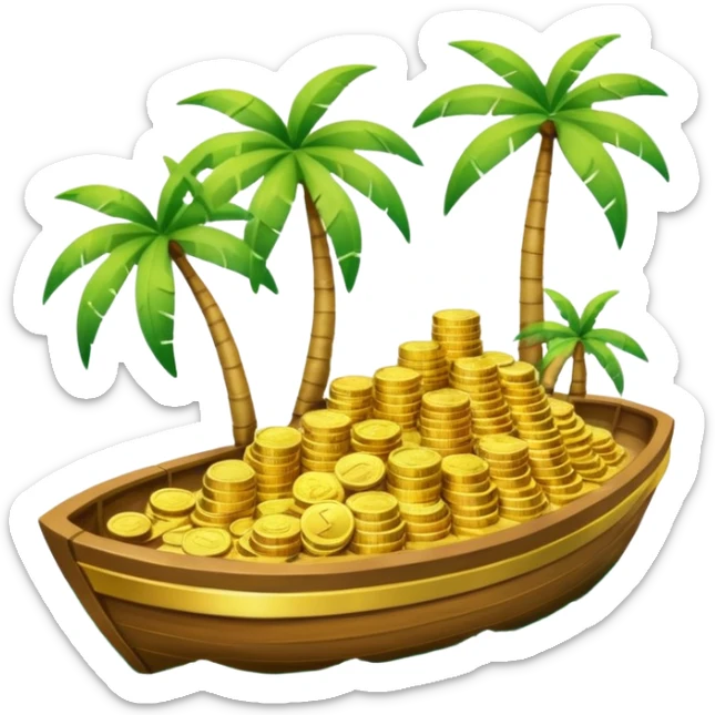 emoji of gold coins on the boat in the sea and an island on the background sticker