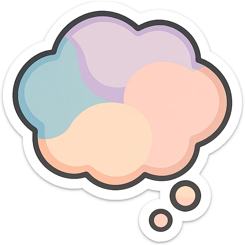 thought bubble of unusual shape, icon-color-outlined style, well detailed, detailed shadows and highlights, thin clean contours, soft rounded shapes, pastel palette #98B5BC, #B5B3C1, #C9A3C9, #E4C0CA, #F7DCD1, #F7C0AA, modern Japanese pop art and sticker aesthetics, soft lighting, transparent background sticker