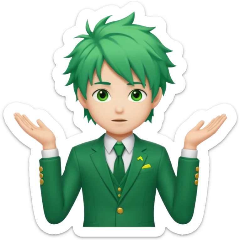 deku : boy anmie green hair green eyes in a ua suit with frenkles sticker