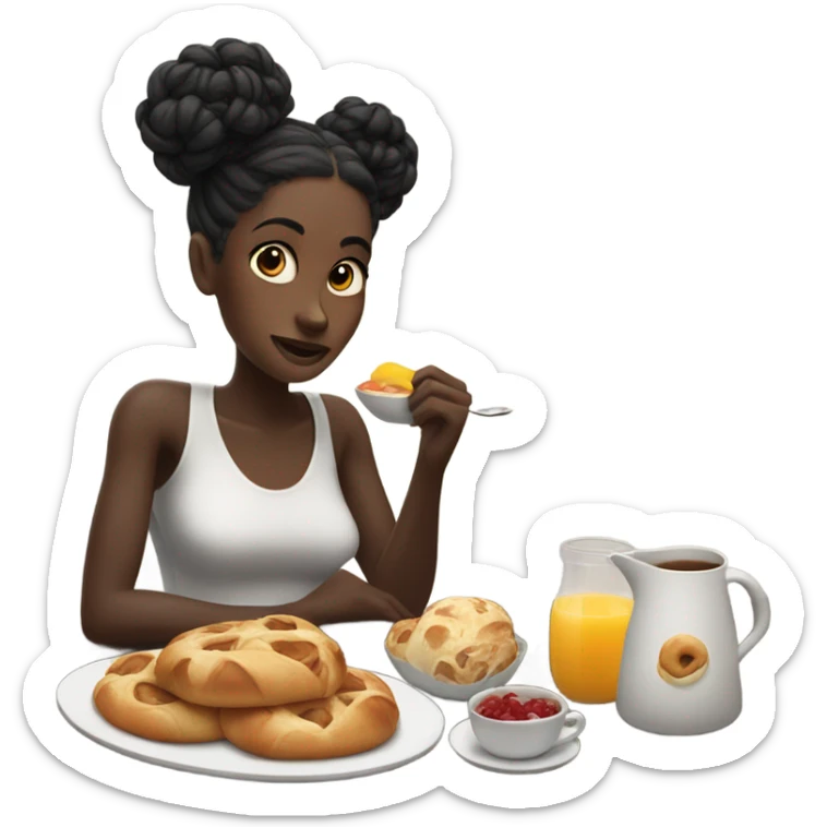 Dark skin black  woman eating breakfast with twist bun good morning sticker