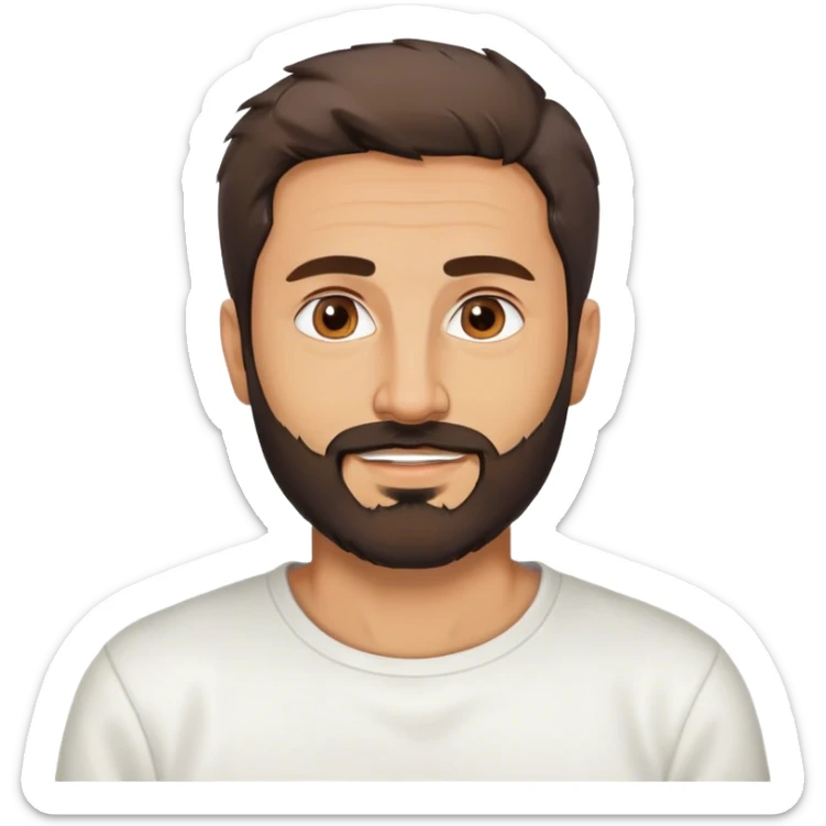 middle eastern beard man in his 40s with short messy hair wearing a white crewneck shirt with a slight smile  sticker