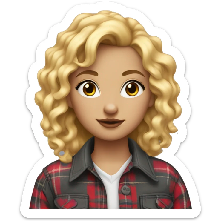 A girl with blond curls, piercing in the left nostril in the form of a ring. In a plaid shirt sticker