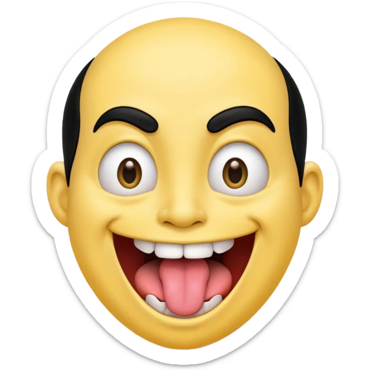 Freaky yellow face emoji smiling really big with huge tongue out and eyes wide open. Tongue should is wagging back and forth. Give him a head of black hair sticker