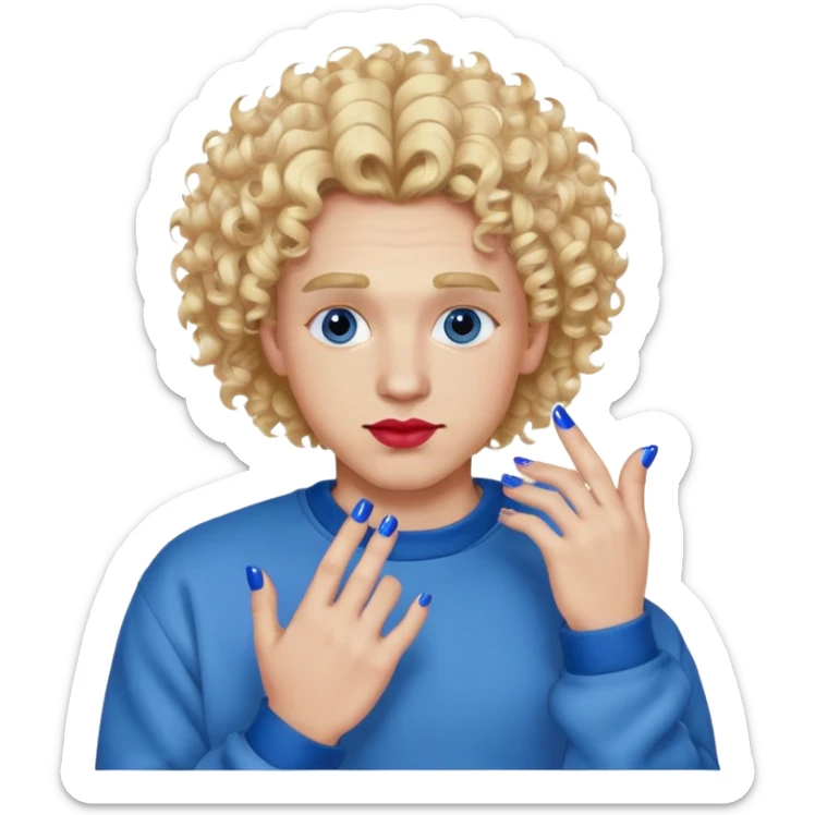 A man with curly fluffy blonde hair with lipstick long eyelashes and painted nails wearing a blue crewneck sticker