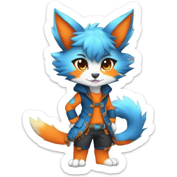 Anthro-Edgy-Cool-Blue-Orange-Contrast-Colors-Fantasy-Fur-Sona-Chibi-Shiny-Fakémon-Hybrid full body sticker