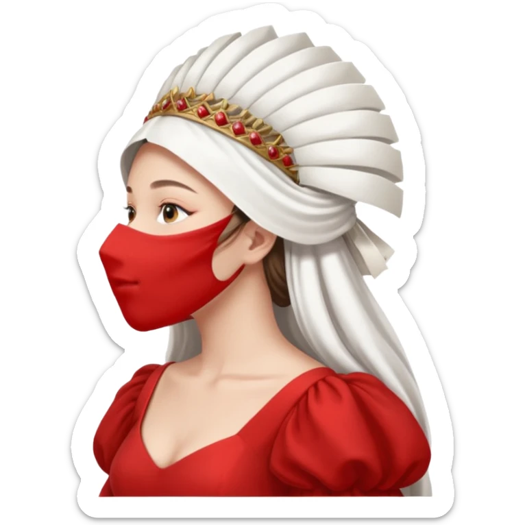 mujer de perfil con un vestido rojo de manga y falsas largas y voluptosas, y una toca blanca GRANDE que no se le ve la cara porque la toca la cubre sticker
