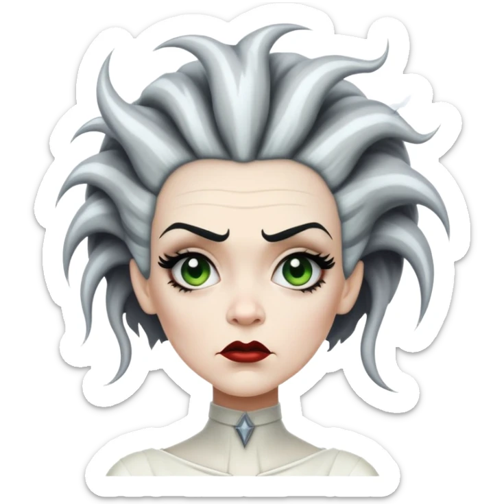 Bride of Frankenstein with tall black and white hair with lightning streaks sticker
