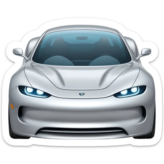 A low-profile futuristic car emoji made of polished silver chrome, wide body stance, smooth aerodynamic shape, glossy metallic surface, soft reflections, luxury swag aesthetic, minimal details, iOS emoji style, centered on clean white background, studio lighting sticker