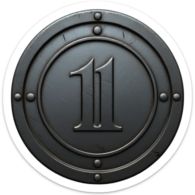 Minimal emoji, gothic metal coin made of black steel, engraved number 1 at the center, ancient industrial aesthetic, worn metal texture, no glow, no neon, flat emoji design, centered, transparent background sticker