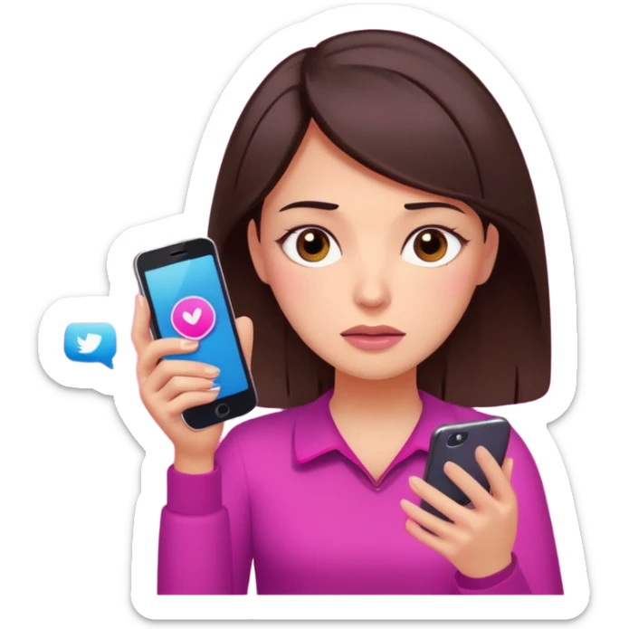 Social media manager. She has dark brown hair, brown eyes, overwhelmed expression, tired eyes, slightly stressed face,a holding a smartphone with notifications piling up. Use vibrant colors with a focus on pink and fuchsia tone sticker