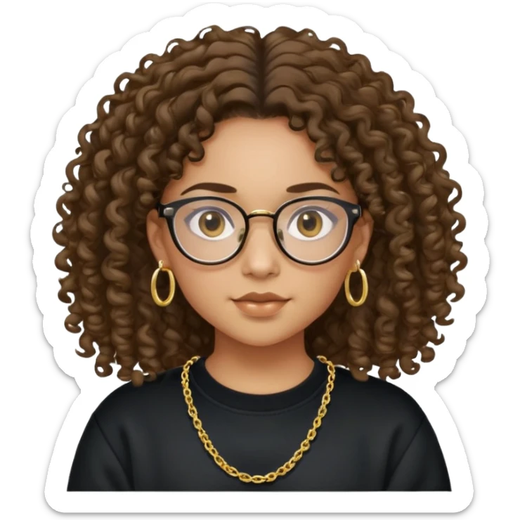 Mixed girl /curly long hair brown / with black eyes glasses black sweat shirt middle part baby gold earring and simple gold chain  sticker