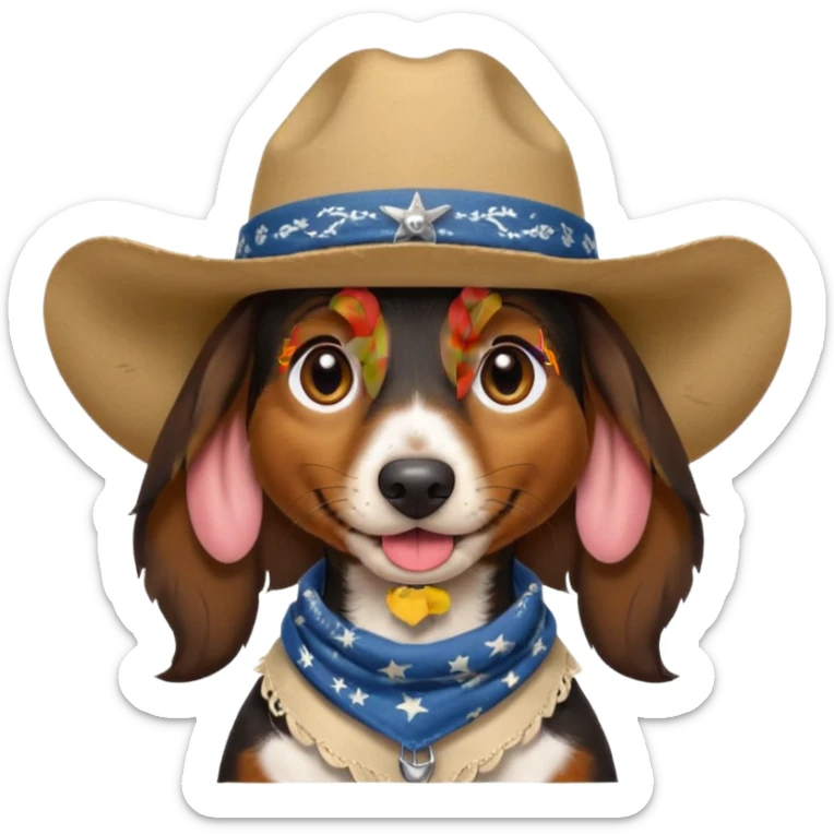 mostly black with some brown long hair daschund with a cowboy hat, ears curl out a bit and bandana and tongue slightly out sticker