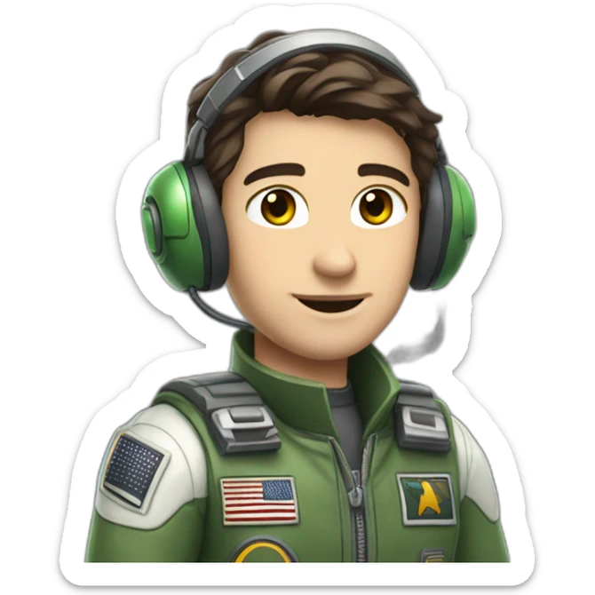 A young white male tennager with dark brown hair and brown eyes in a pilot suit and wearing a green Pilot headset sticker