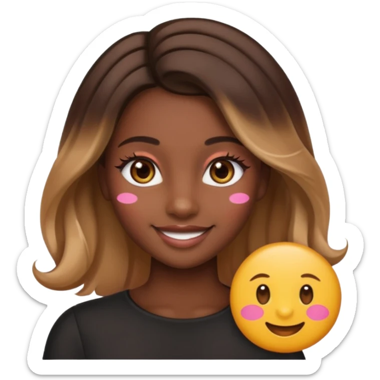 young woman, dark skin, straight hair with caramel balayage, brown eyes, curled lashes, blush, emoji style sticker