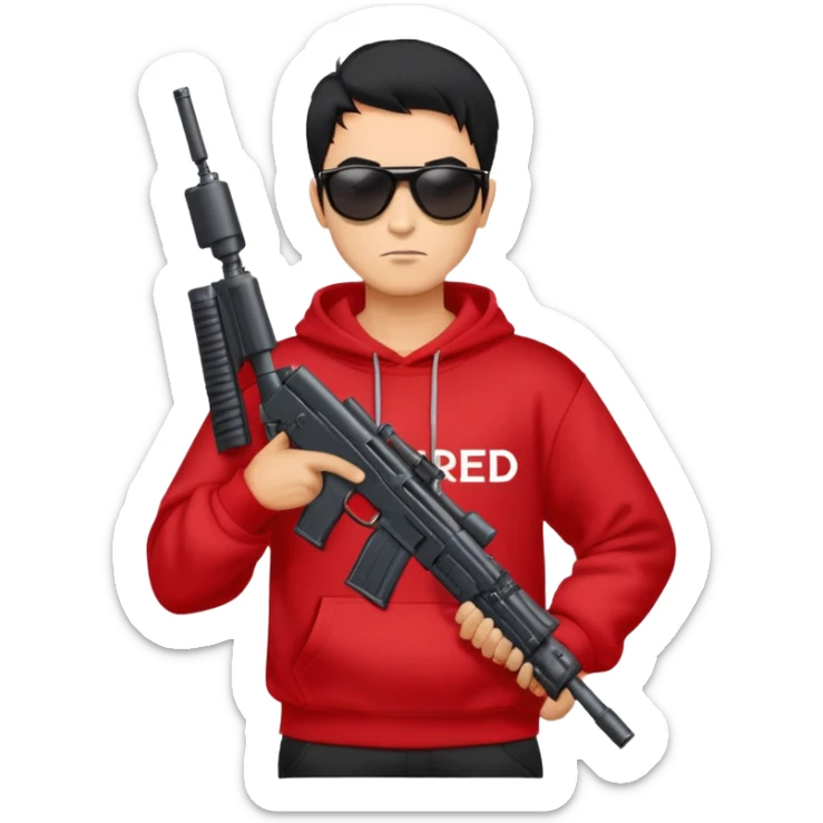 A guy in a red sweatshirt with sunglasses, with stylish black hair, holding a machine gun, and behind his back you can see the inscription: PRED sticker