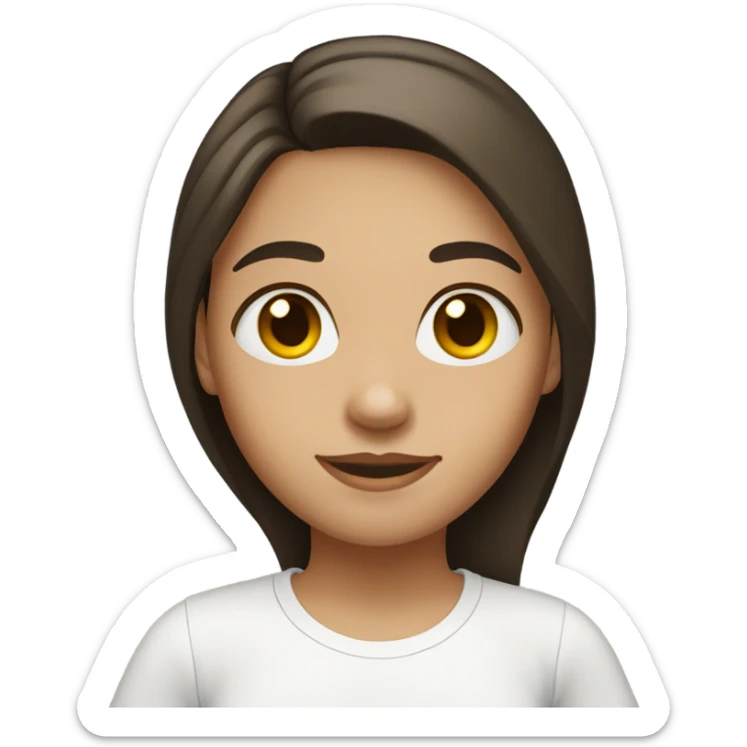A girl with light skin, short dark brown hair, hazel eyes, wearing a white T-shirt. Her hair is shoulder length and straight.  sticker