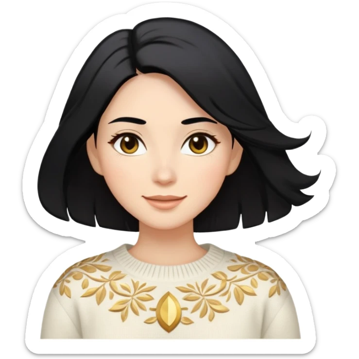 A woman with shoulder-length black hair, light to medium skin tone, full cheeks, and almond-shaped eyes, wearing a white sweater with gold design, lying comfortably on a bed with soft lighting, joyful and radiant expression. sticker