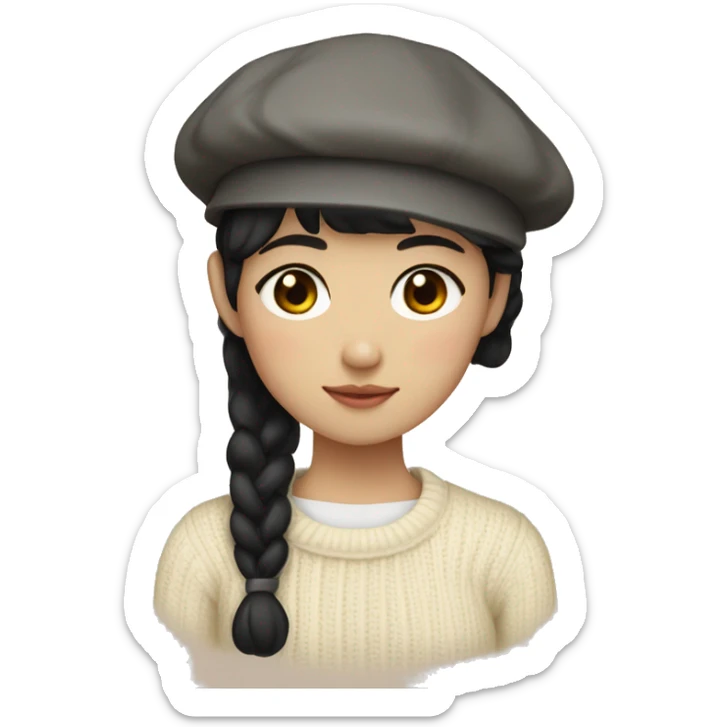 korean girl short black hair sharp jawline, wearing a cream sweater and beret sticker