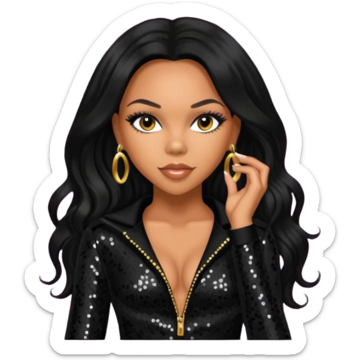 Kiely Williams from 3lw/Cheetah Girls with long jet black hair, black sequin outfit sticker