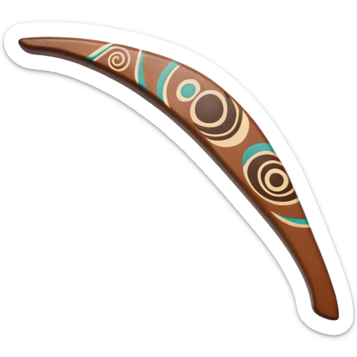 Cinematic Realistic Boomerang Emoji, depicted as a sleek, curved traditional Aboriginal tool rendered with detailed textures and a dynamic sense of motion, symbolizing cultural significance and natural craftsmanship under warm earthy lighting. sticker