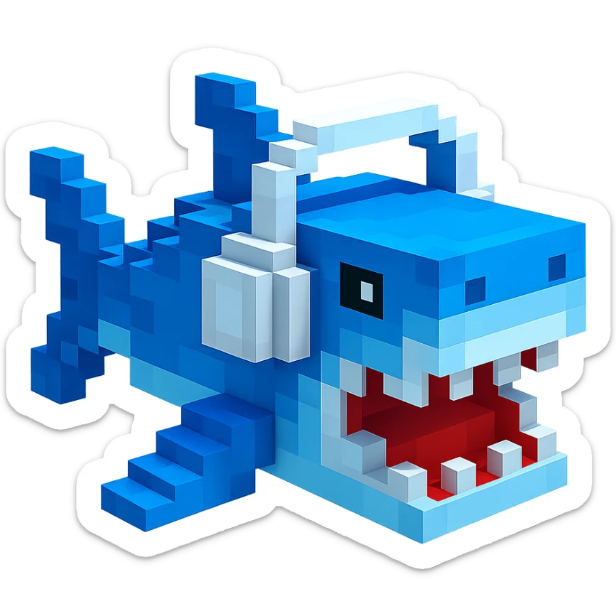 voxel style shark with white headphones, open mouth, blocky, blue and silver, no background sticker